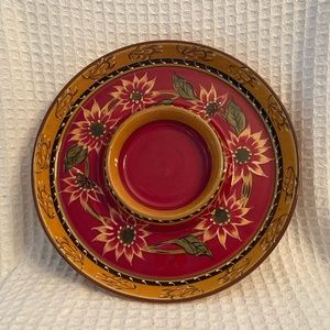 Pier 1 Hand Painted Terracotta Sunflower Chip/Veggie And Dip Dish